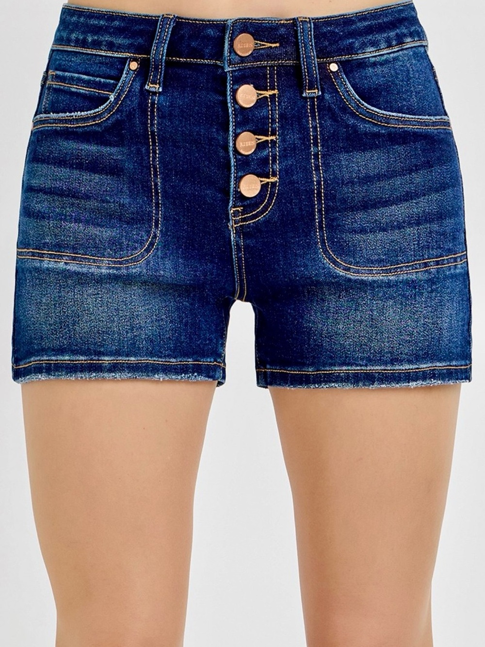 High-Rise Dark Blue Denim Jean Shorts with Button Fly